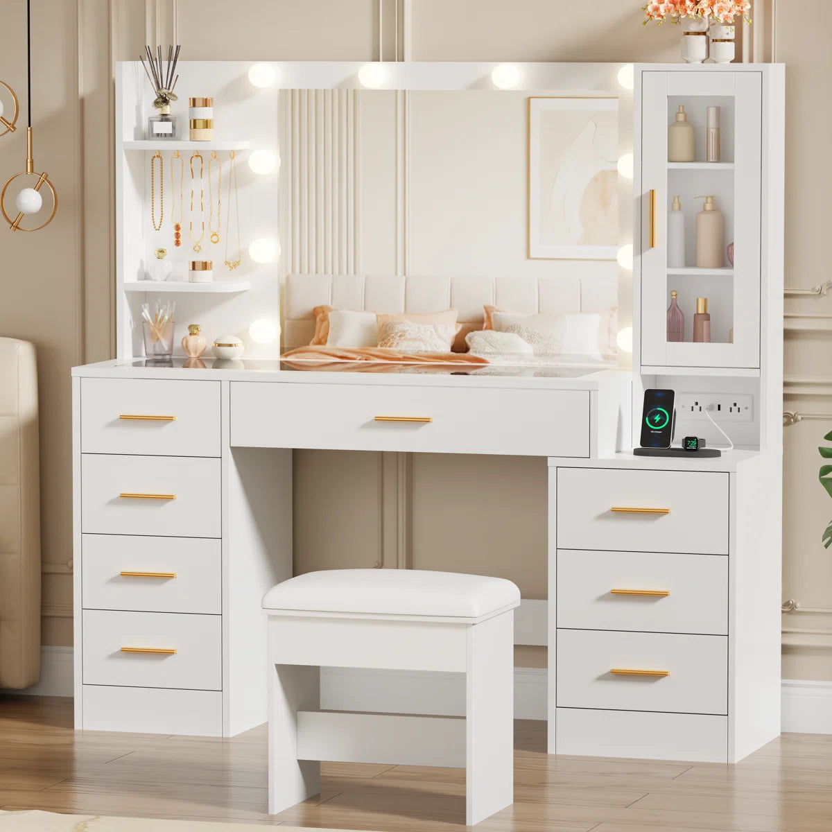 49.2" Makeup Vanity Desk with 8 Drawers, Glass Surface, and Built-In Charging Outlet Ouch Cart