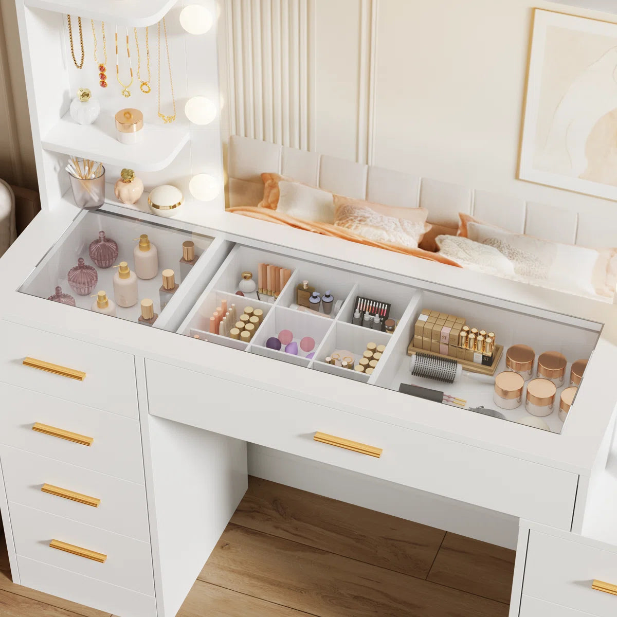49.2" Makeup Vanity Desk with 8 Drawers, Glass Surface, and Built-In Charging Outlet Ouch Cart