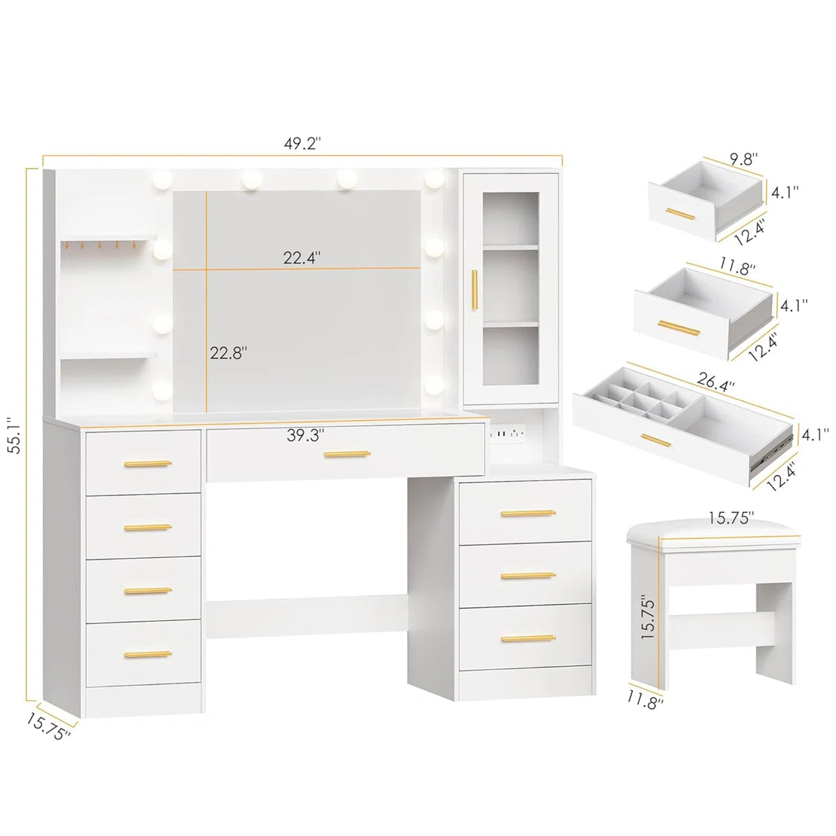 49.2" Makeup Vanity Desk with 8 Drawers, Glass Surface, and Built-In Charging Outlet Ouch Cart