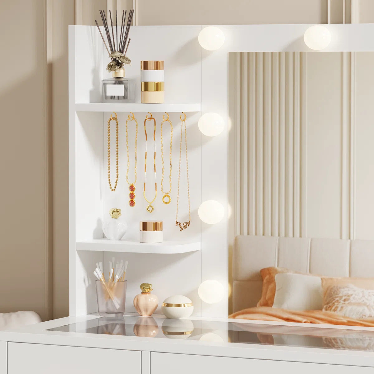 49.2" Makeup Vanity Desk with 8 Drawers, Glass Surface, and Built-In Charging Outlet Ouch Cart