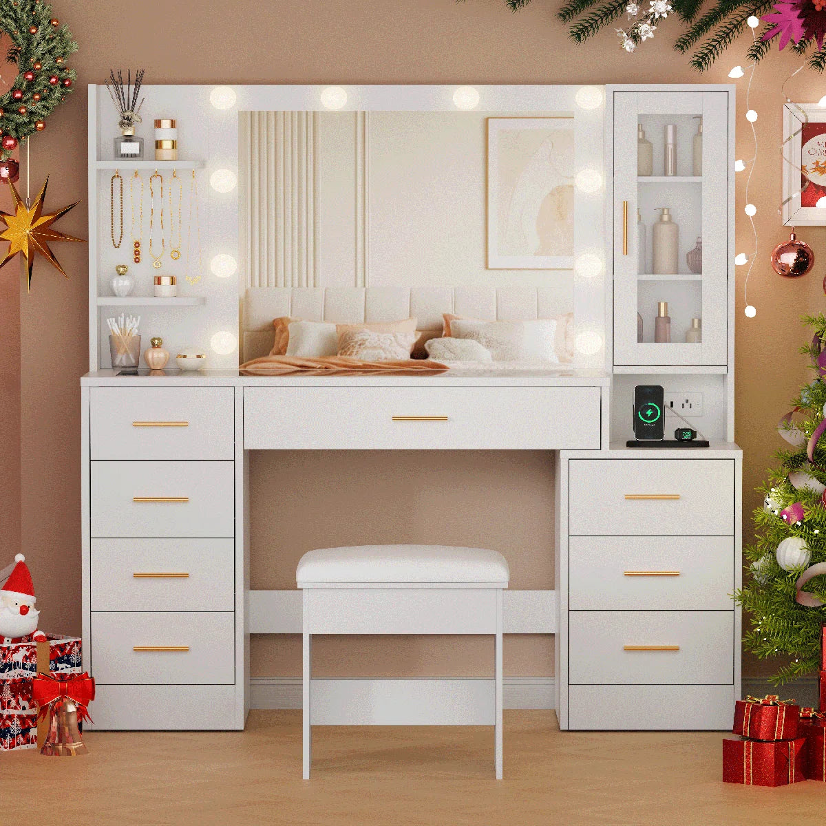 49.2" Makeup Vanity Desk with 8 Drawers, Glass Surface, and Built-In Charging Outlet-OUCH CART | Dressing table