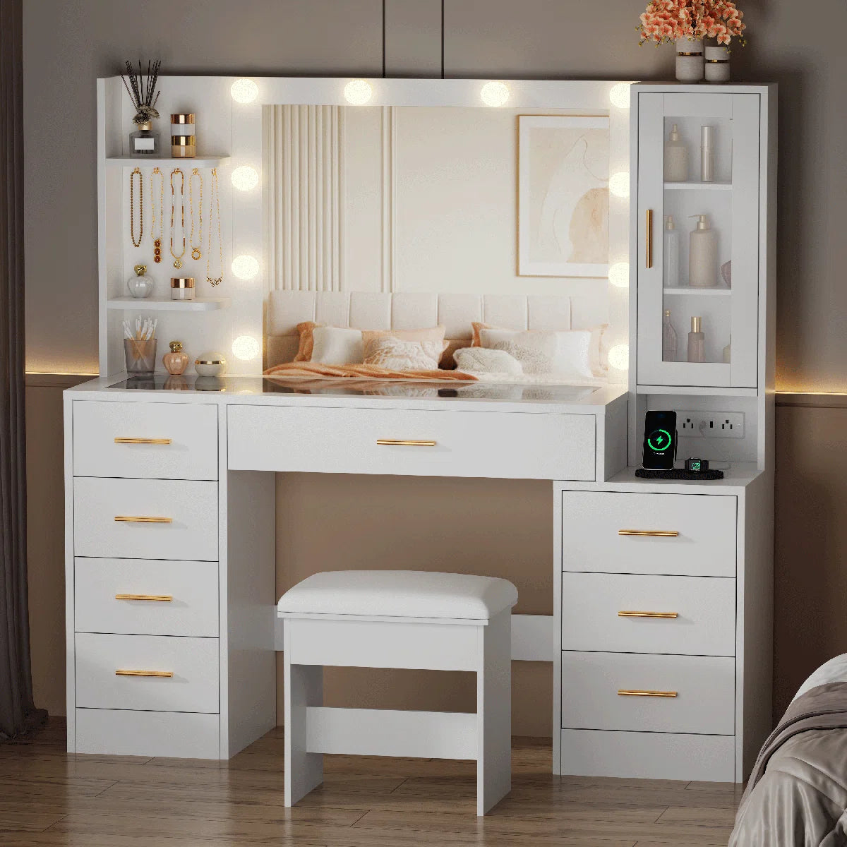 49.2" Makeup Vanity Desk with 8 Drawers, Glass Surface, and Built-In Charging Outlet Ouch Cart