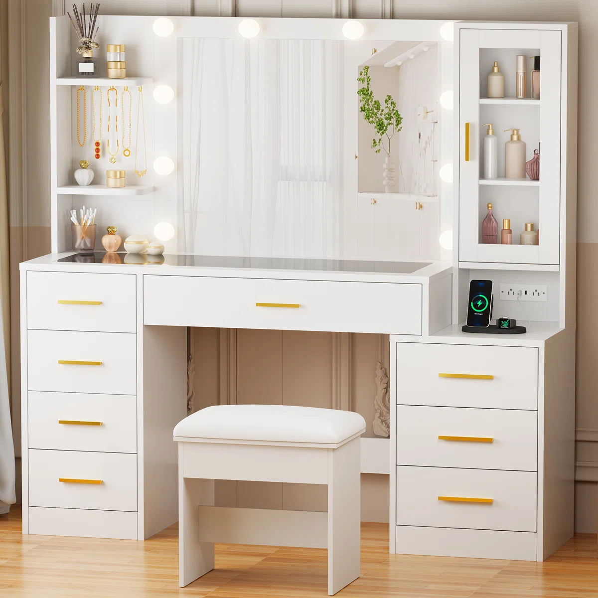 49.2" Makeup Vanity Desk with 8 Drawers, Glass Surface, and Built-In Charging Outlet Ouch Cart