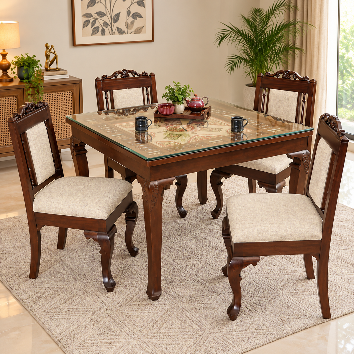 4 Seater Traditional Wooden Dining Table Set with Chairs | Glass Top Dining Table with Upholstered Seats