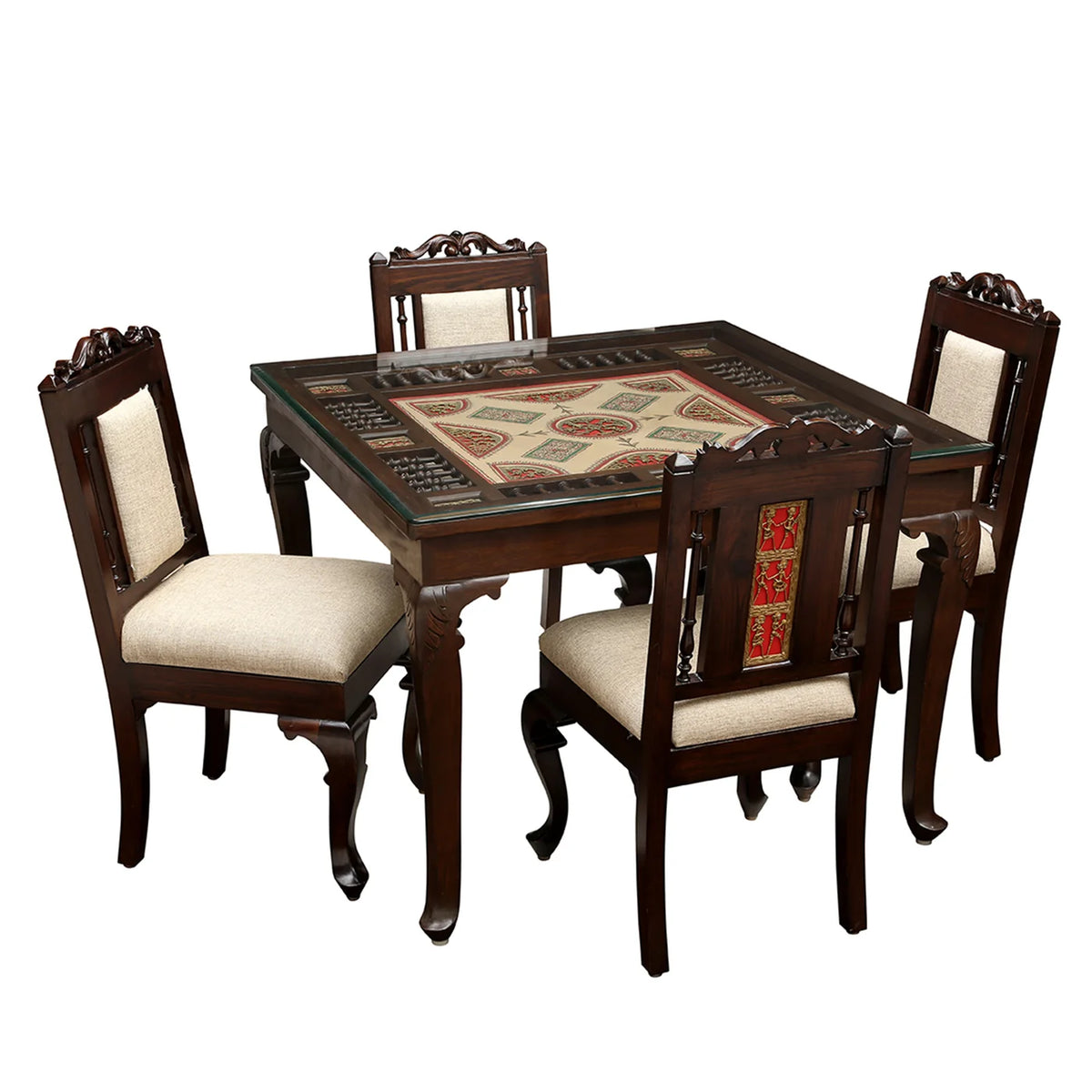 4 Seater Traditional Wooden Dining Table Set with Chairs | Glass Top Dining Table with Upholstered Seats