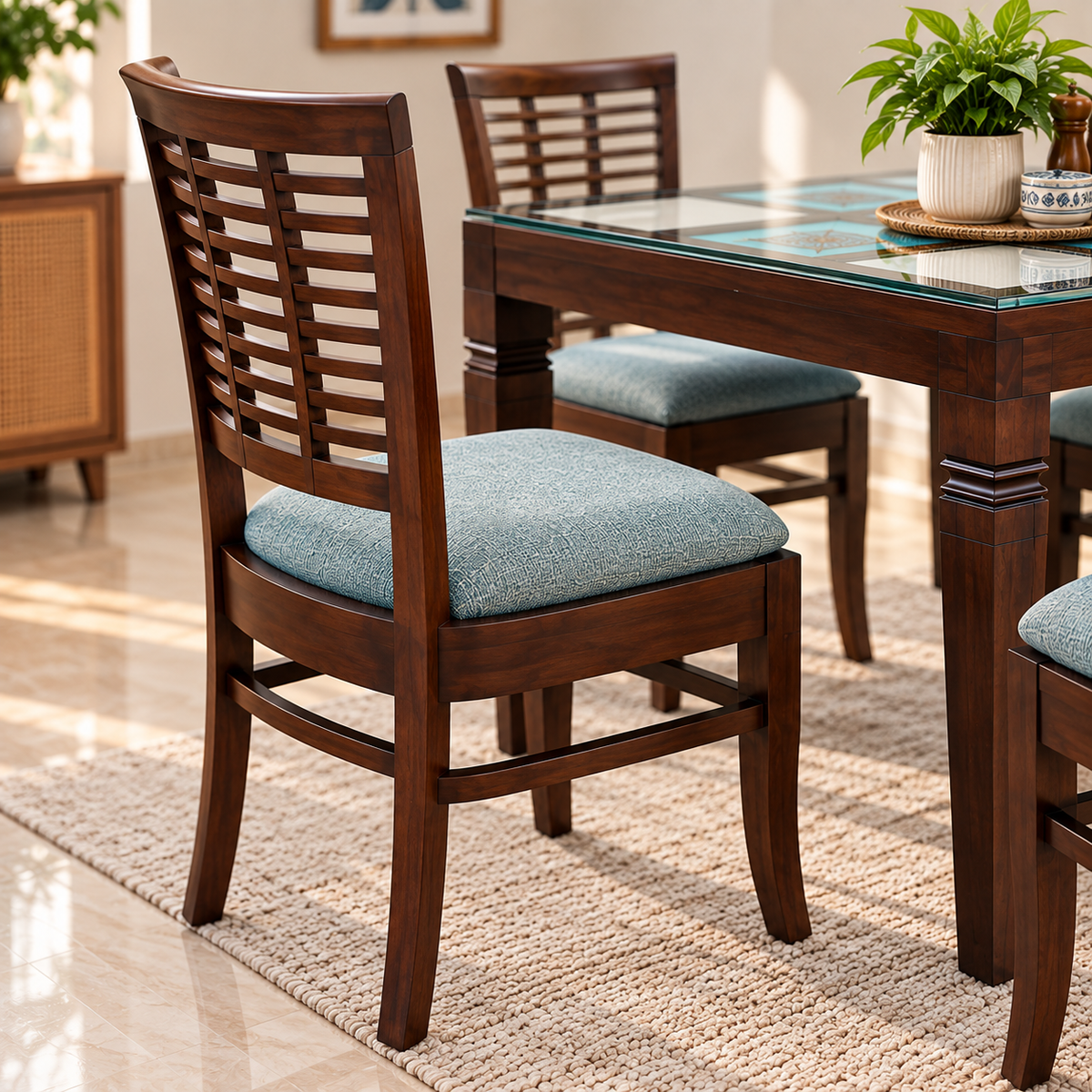 4 Seater Wooden Dining Table Set with Chairs | Glass Top Dining Table with Teal Cushioned Chairs OUCH CART