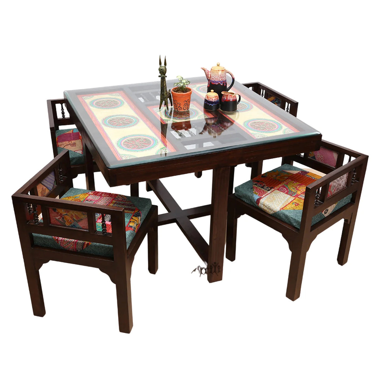 4 Seater Wooden Dining Table Set with Chairs | Glass Top Dining Table with Colorful Upholstered Seating OUCH CART