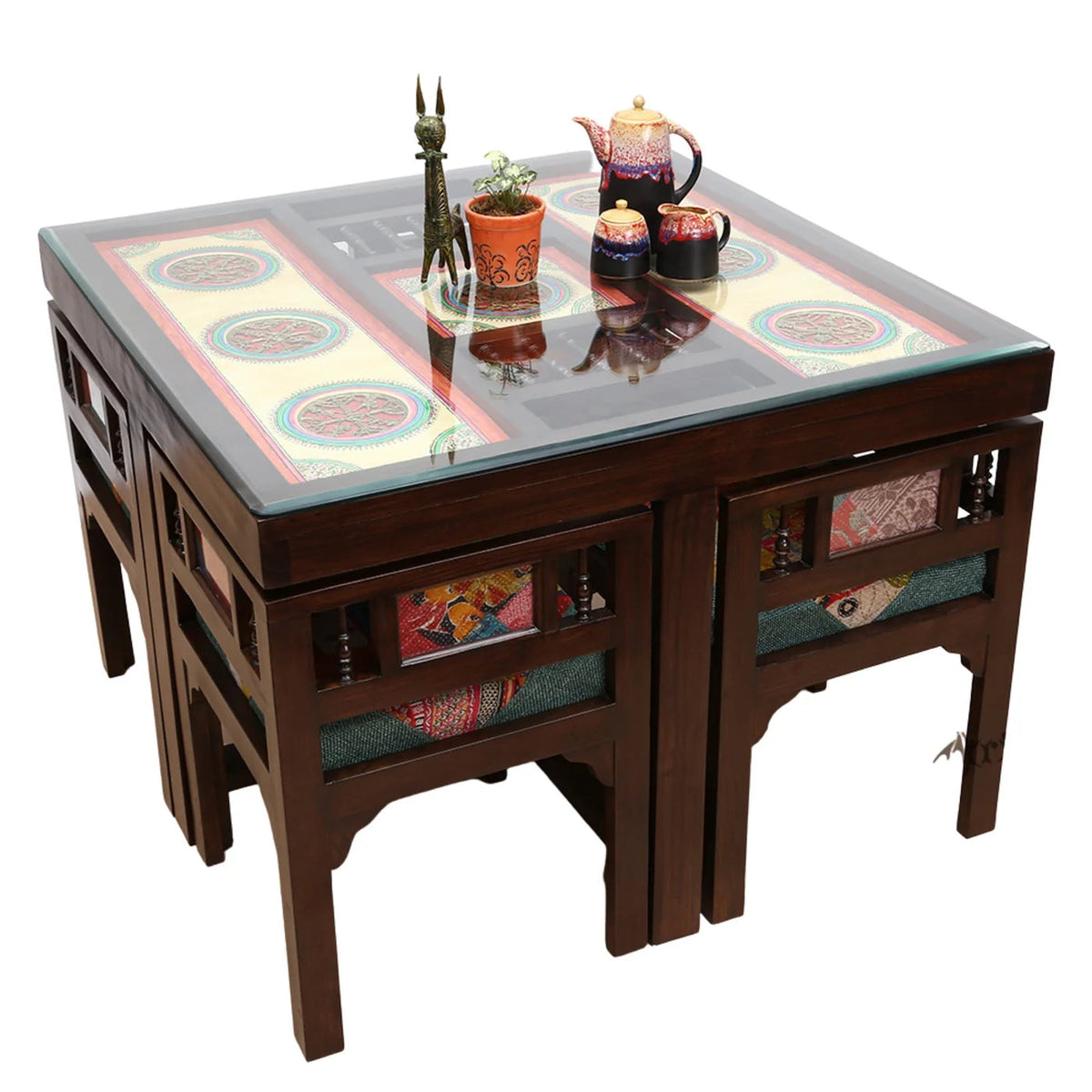 4 Seater Wooden Dining Table Set with Chairs | Glass Top Dining Table with Colorful Upholstered Seating OUCH CART