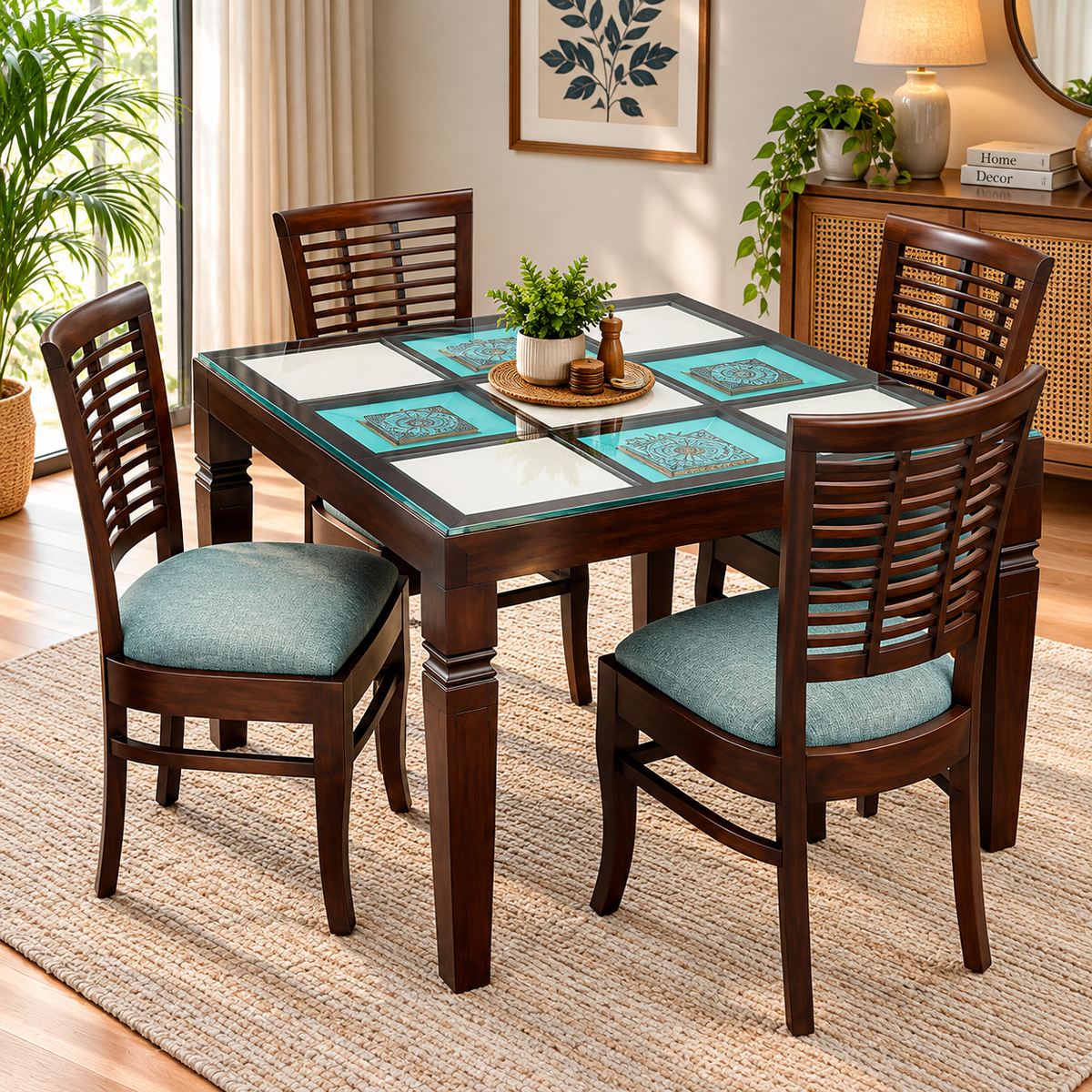 4 Seater Wooden Dining Table Set with Chairs | Glass Top Dining Table with Teal Cushioned Chairs