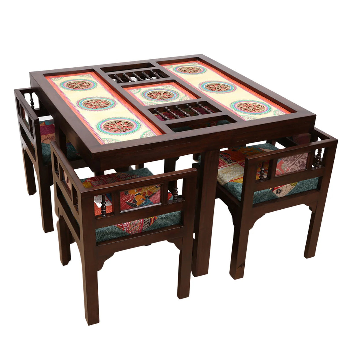 4 Seater Wooden Dining Table Set with Chairs | Glass Top Dining Table with Colorful Upholstered Seating OUCH CART