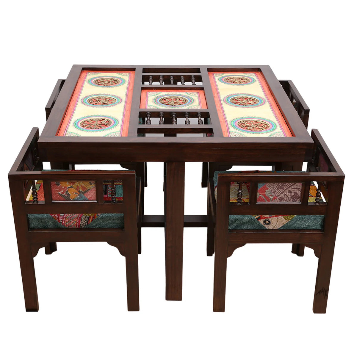 4 Seater Wooden Dining Table Set with Chairs | Glass Top Dining Table with Colorful Upholstered Seating OUCH CART