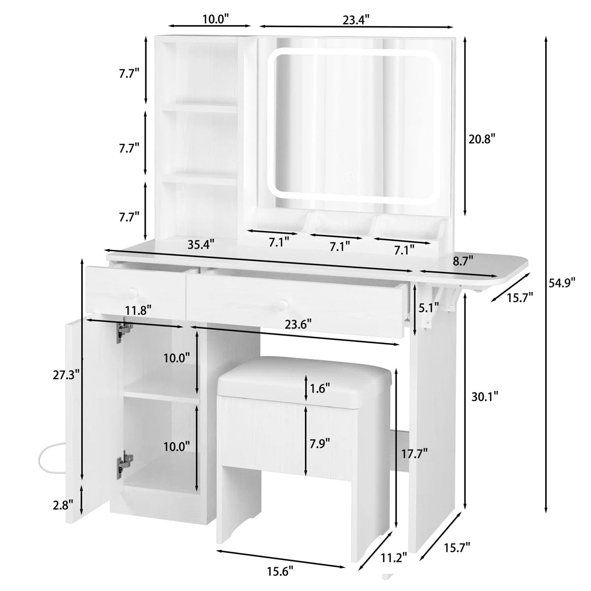 Vanity Desk with LED Lighted Mirror, Power Outlet, 2 Drawers, 3 Cubbies & Bookcase Storage for Bedroom OUCH CART