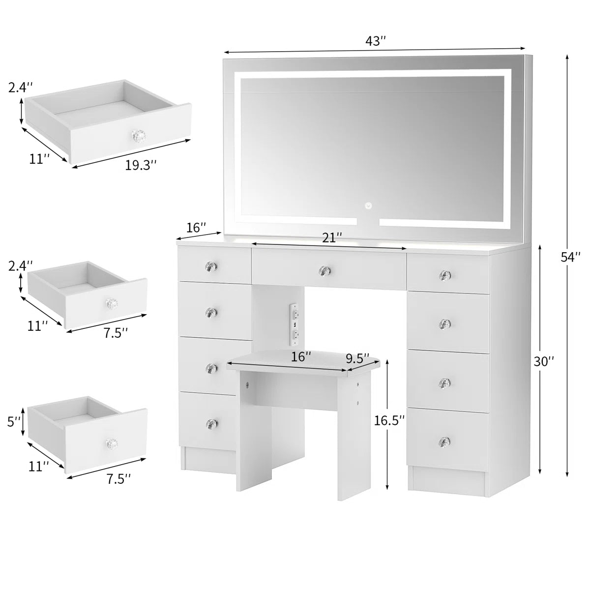 Greyden Lighted Vanity Set with Diamond Handles on 9 Drawers, and Built-In Power Outlet