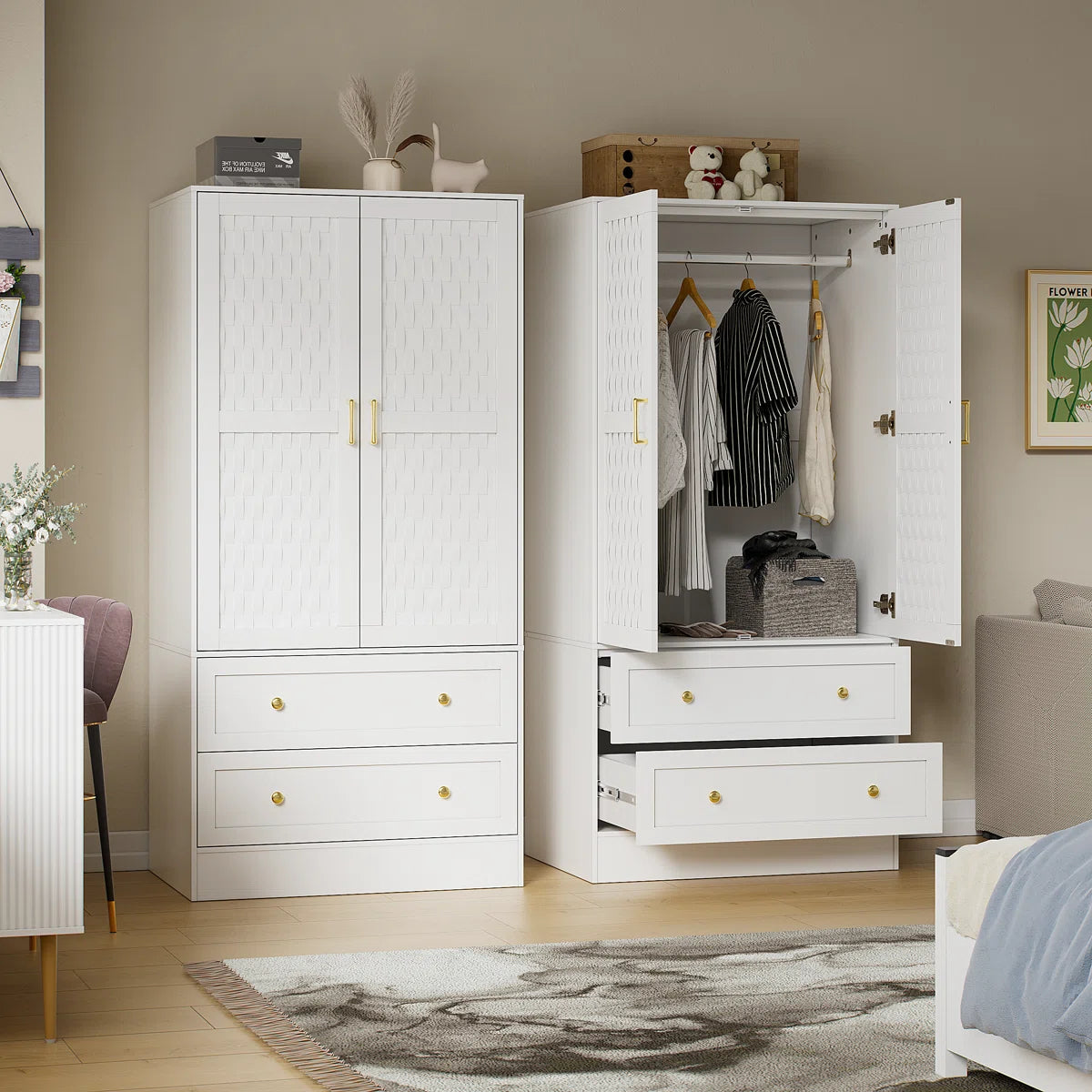 Ayara 2-Door Armoire Wardrobe – Wide Drawers and Hanging Rod for Bedroom OUCH CART
