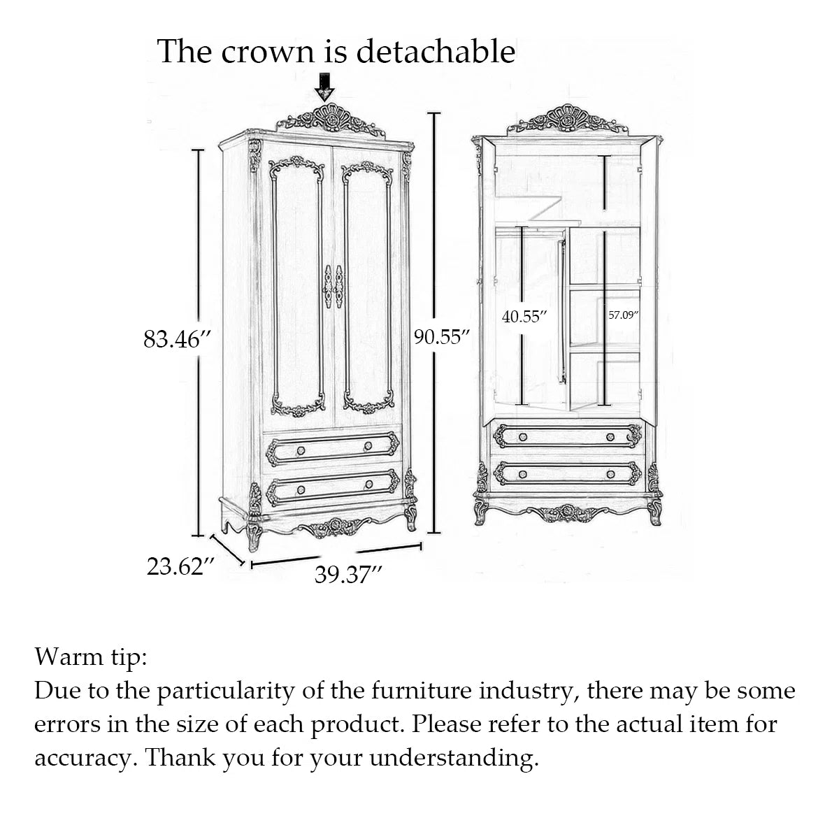 Carved Oak European-Style Wardrobe – Classic Wooden Bedroom Armoire-OUCH CART | Wardrobe