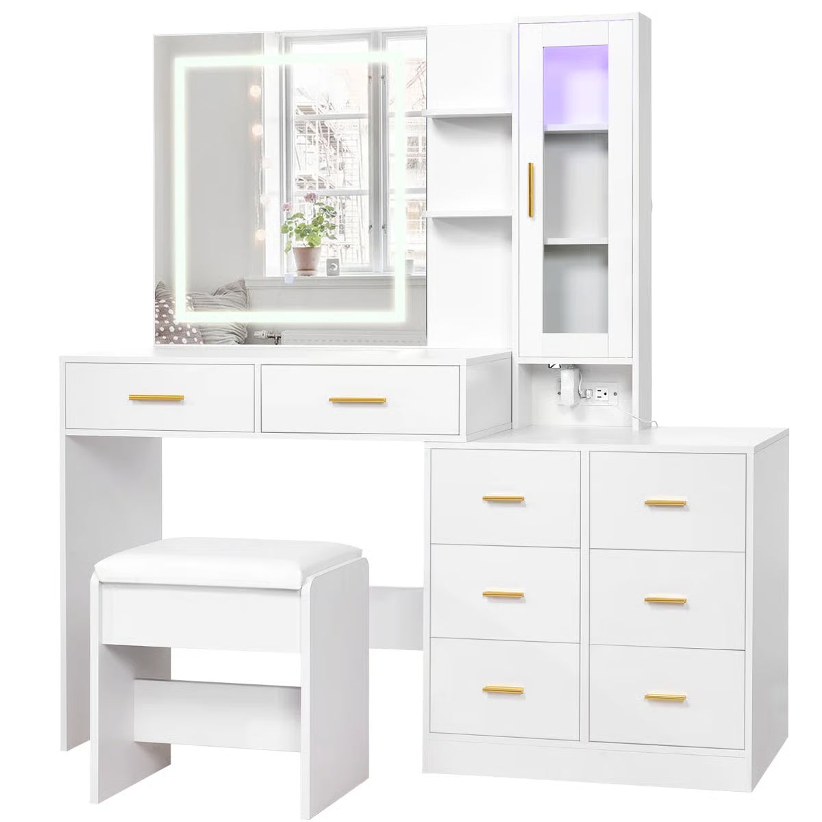 Adriel 51.8" Modern Makeup Vanity with Mirror, LED Lights, and Cabinet Storage