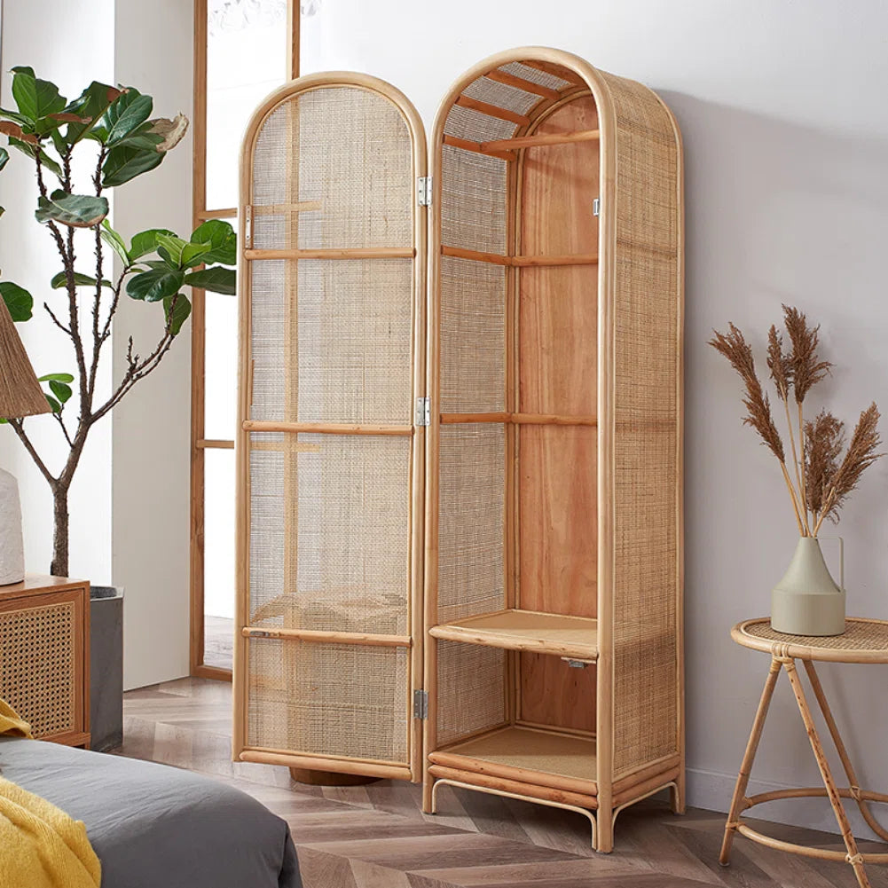 Rattan Wardrobe – Solid Wood Bedroom Storage Cabinet
