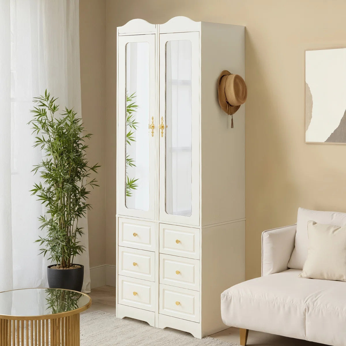 Large Armoire Wardrobe Closet 6 Drawers 2 Mirrors Hanging Rod with Sensor Lights