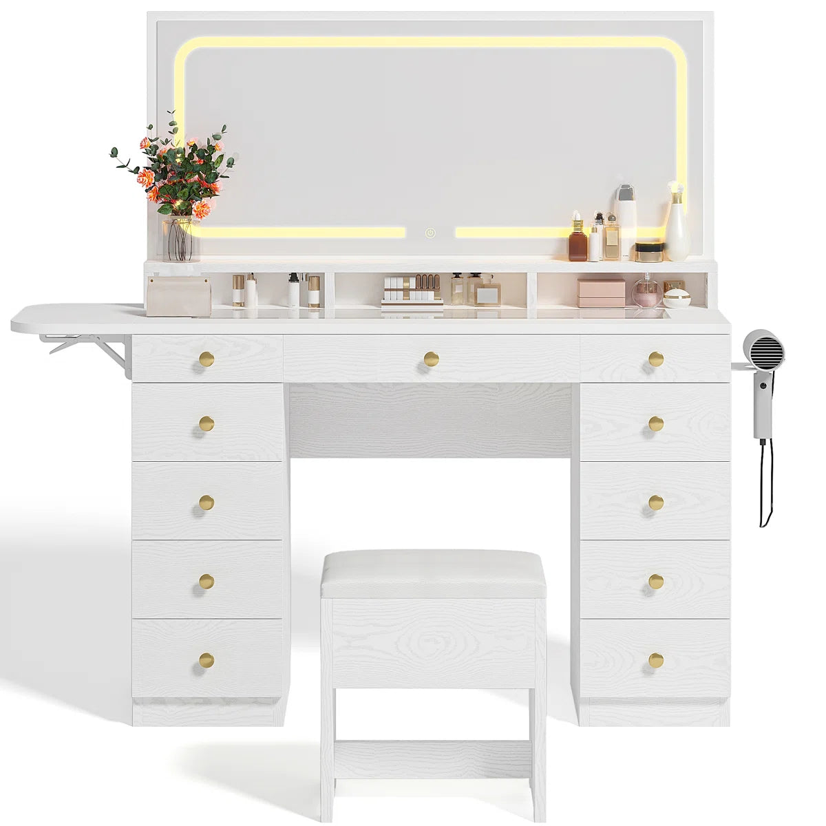 Makeup Vanity Set with Mirror, Power Outlet, 11 Drawers, and Matching Stool