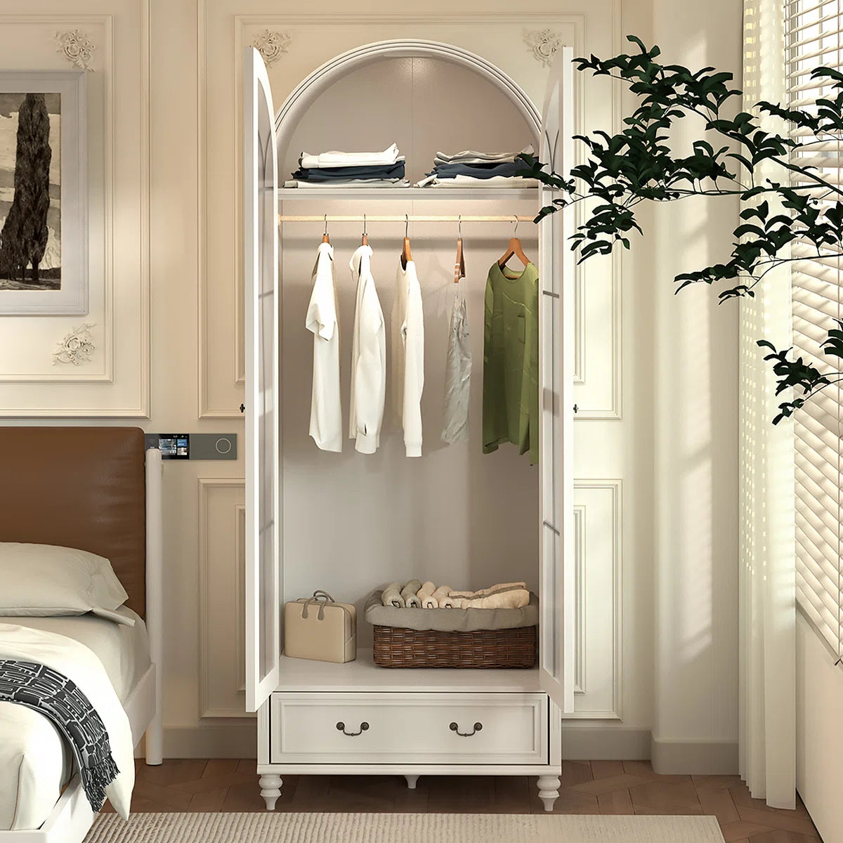 Creamy Retro Oak Arched Wardrobe – Elegant Wooden Bedroom Closet-OUCH CART | Wardrobe