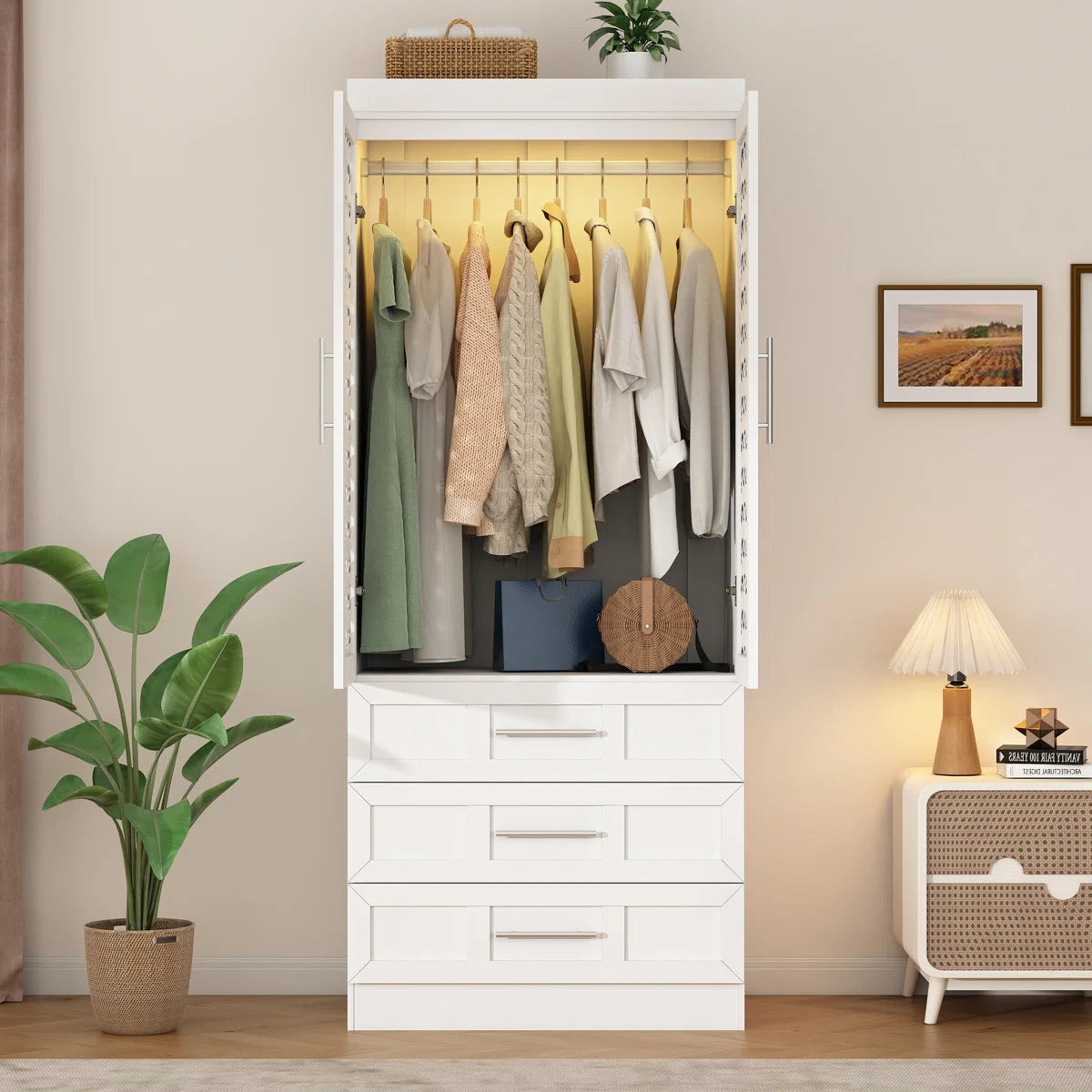 Rattan 3-Door Armoire – 75.6" H Wardrobe with Sensor Light, Hanging Rod & 3 Spacious Drawers-OUCH CART |Wardrobe