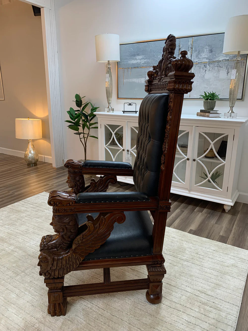 Kristofer 39" Mahogany & Tufted Top Grain Leather Throne Chair Ouch Cart