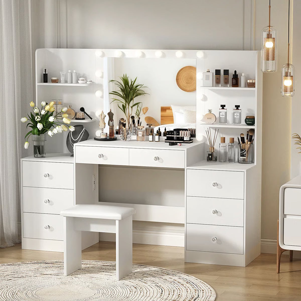 Greyden Zeibak Lighted Makeup Vanity Table with 8 Drawers, 14 LED Lights, and Ample Storage- OUCH CART | Dressing table