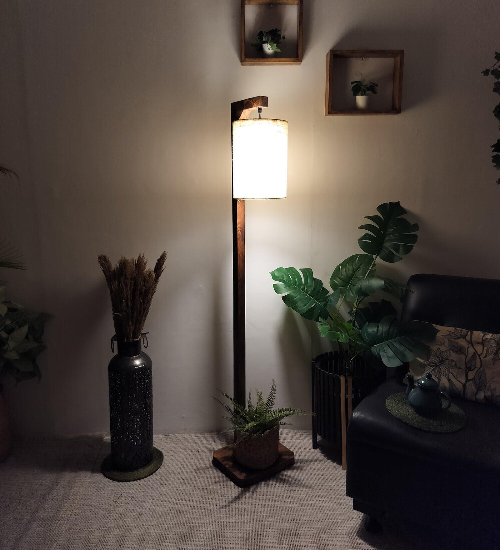 Elementary Wooden Floor Lamp with Brown Base and White Fabric Lampshade (BULB NOT INCLUDED) - Ouch Cart