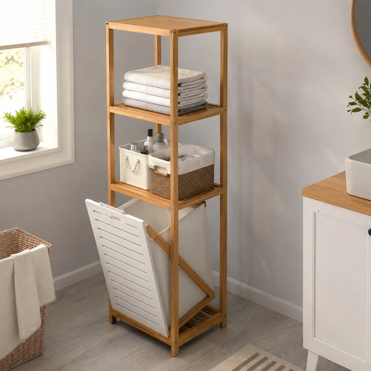 Ouch Cart Bamboo Bathroom Storage Shelf with Laundry Basket OUCH CART