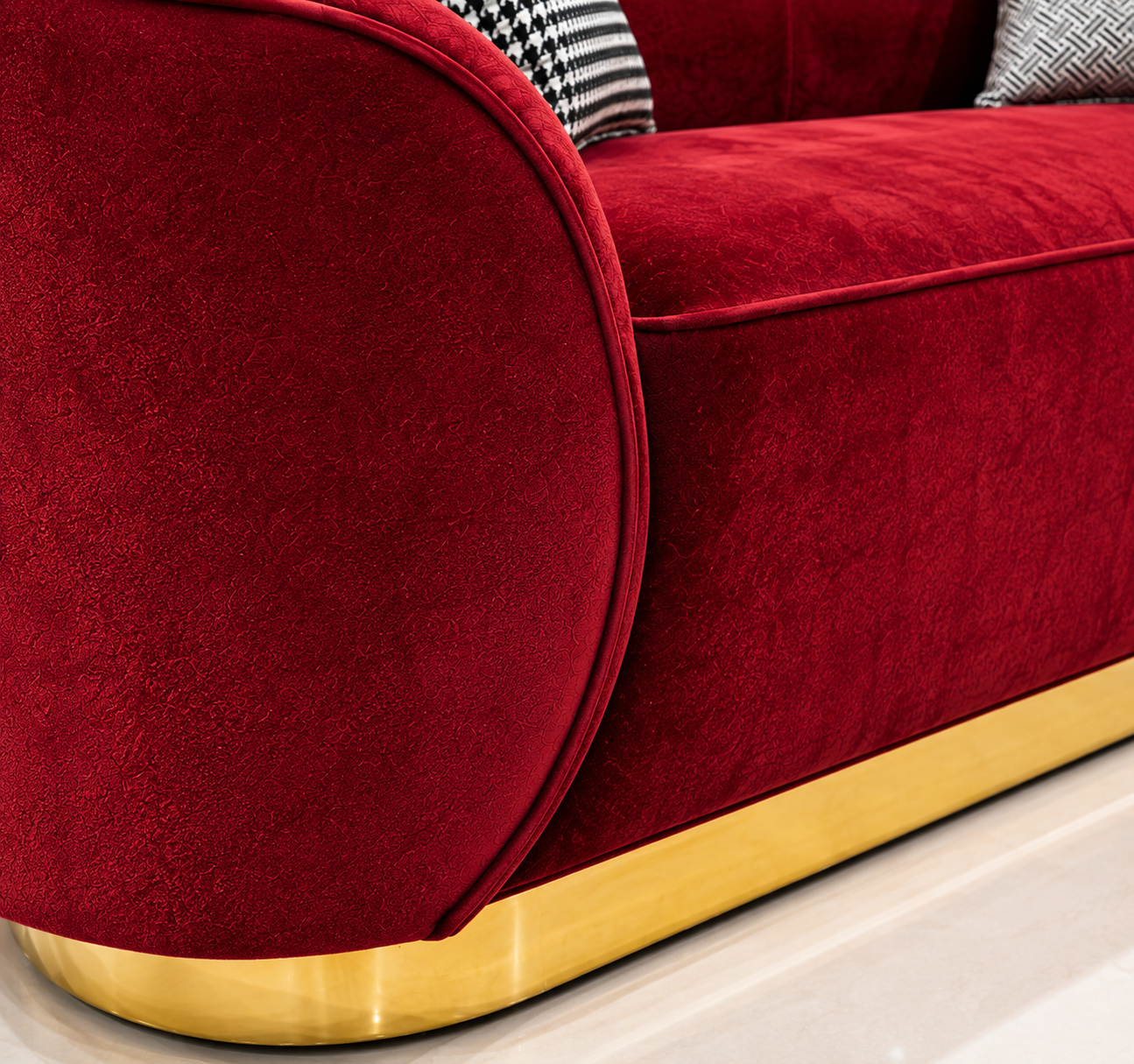 Ouch Cart Luxury Red Velvet Sofa | Modern 3-Seater Curved Sofa with Gold Base