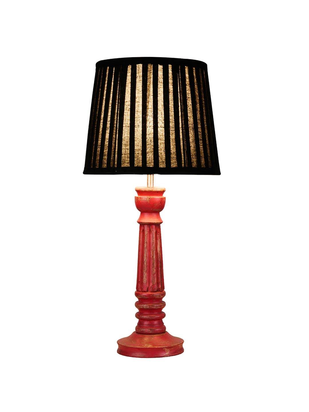 Wooden Pillar Pink lamp with pleeted Black Soft Shade - Ouch Cart