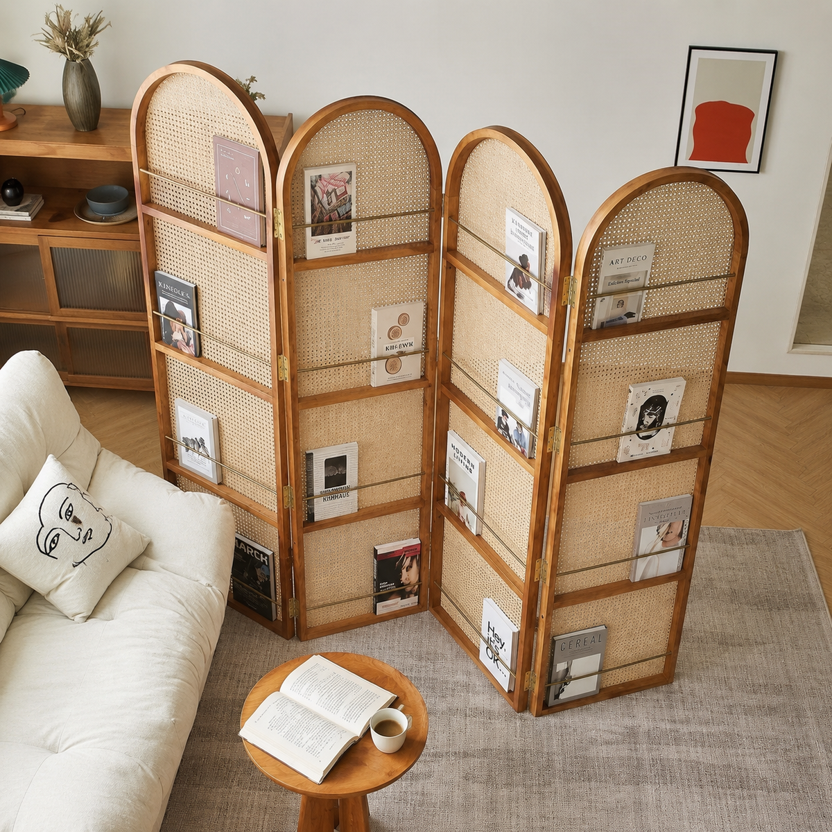 Ouch Cart 4 Panel Rattan Room Divider | Folding Woven Privacy Screen with Wooden Frame Ouch Cart