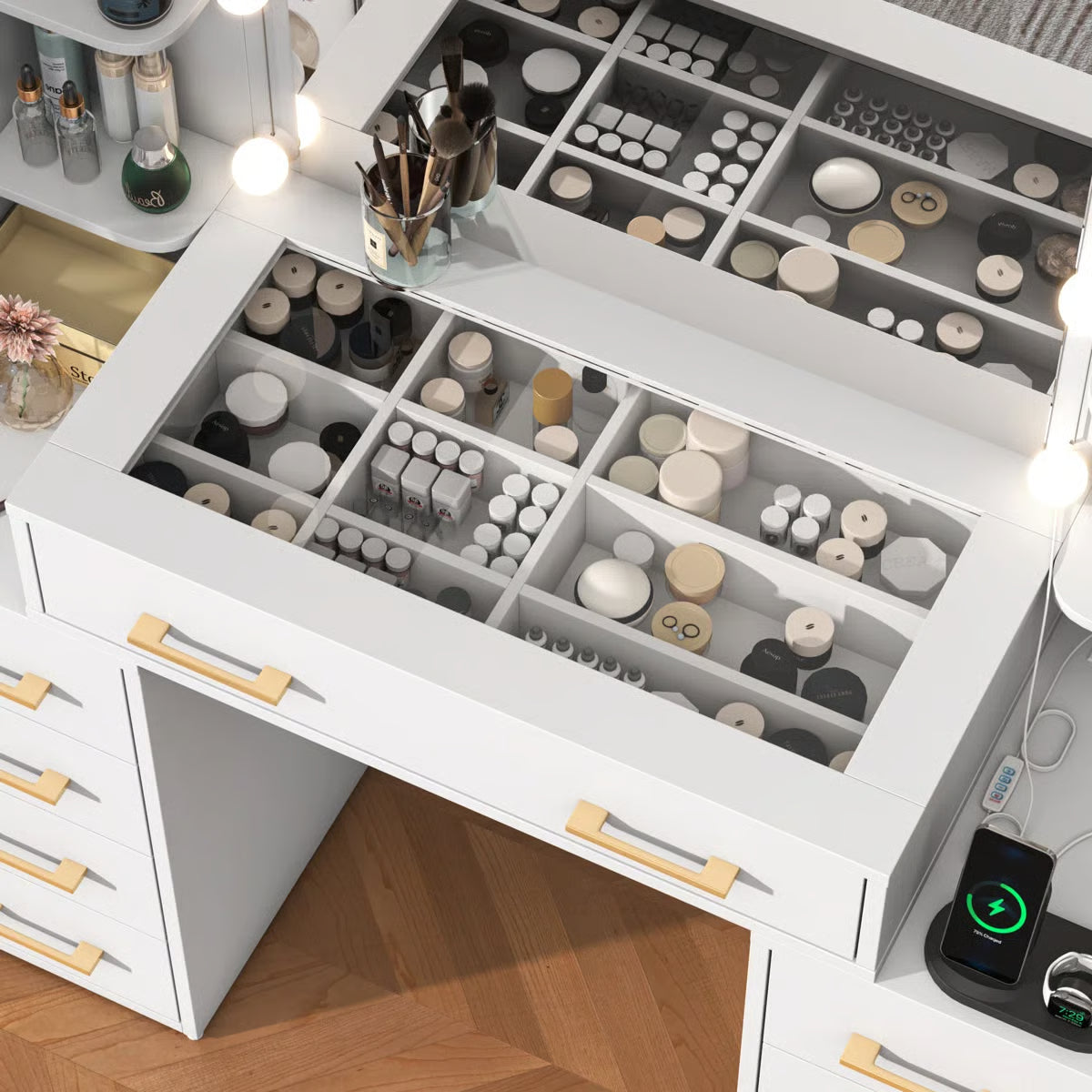 Tempered Glass Vanity Desk with , Mirror