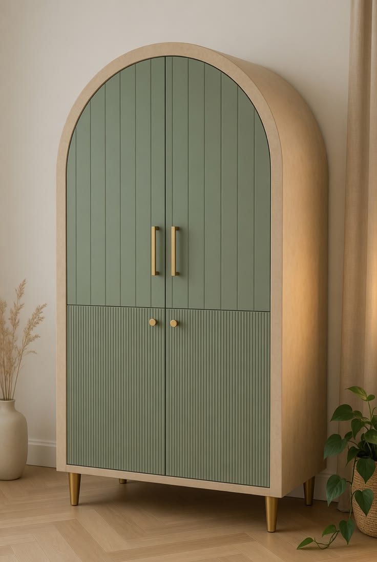 Modern Arched Wooden Wardrobe with Sage Green Doors