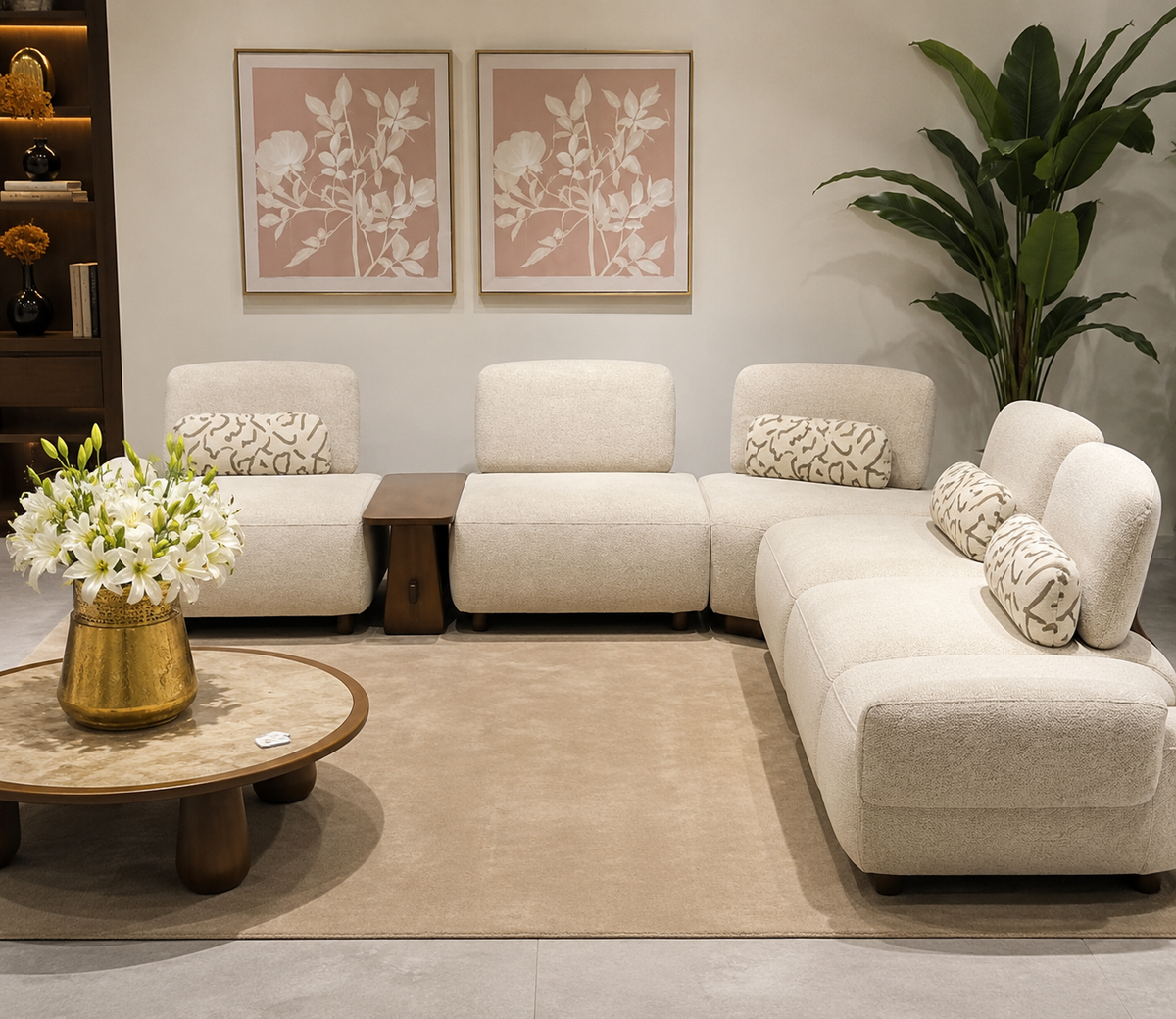 Modern Modular Bouclé Sofa Set with Wooden Side Table | Luxury Cream Fabric Living Room Sofa OUCH CART