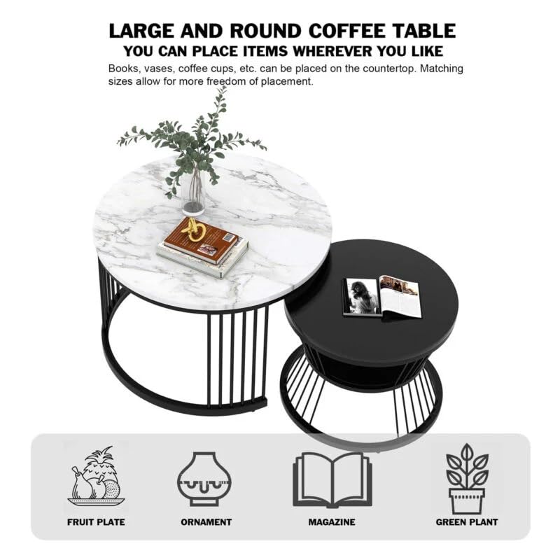 Round Modern Nesting Coffee Table Set of 2 with Marble Veneer Tops OUCH CART