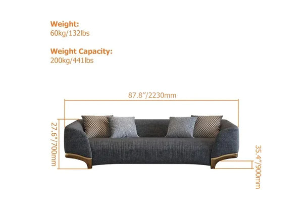 Mitsuki 3-Seat Cotton & Linen Upholstered Sofa with Pillows Gold Legs