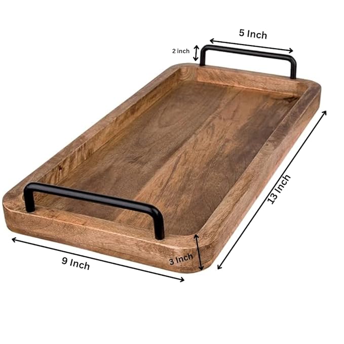 Vintage Mango Wood Serving Tray with Metal Handles – Unique Rectangular Kitchen Tray Ouch Cart