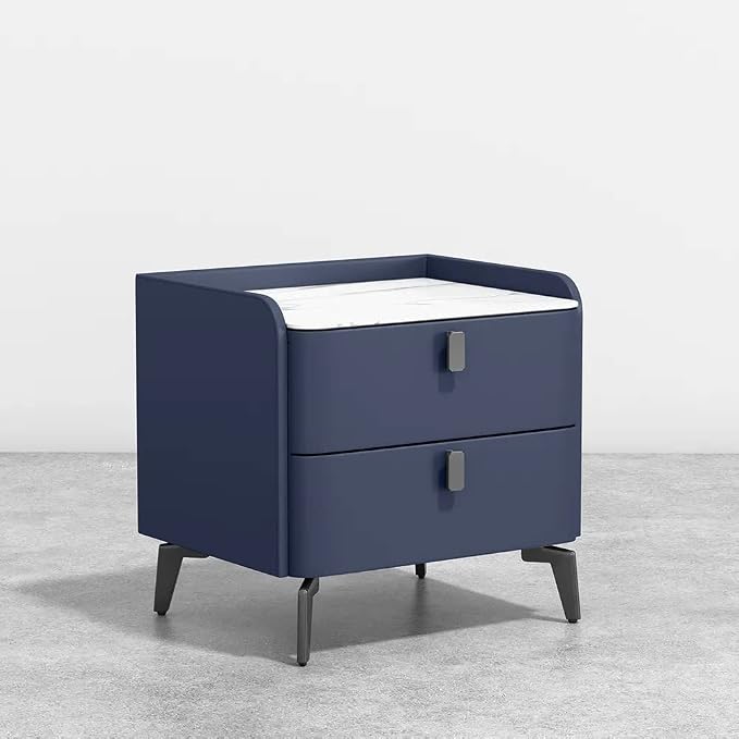 Ouch Cart Modern Blue Bedside Table with 2 Drawers & Marble Top – Top View Ouch Cart