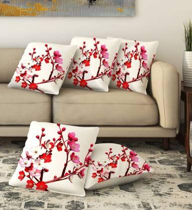 Voguish Floral Satin Cushion Covers, 16 x 16 Inch, Set of 5