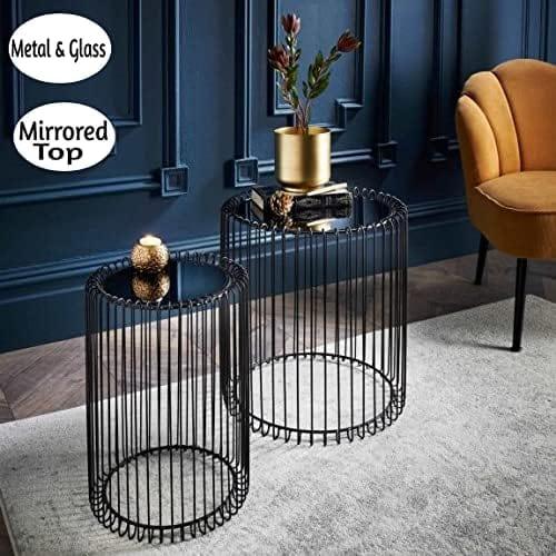 Nesting Tables Set of 2 Round End Tables Living Room Wire Coffee Table Cage Black Bedside Glass Mirrored Top Caged Side Indoor Furniture - Ouch Cart
