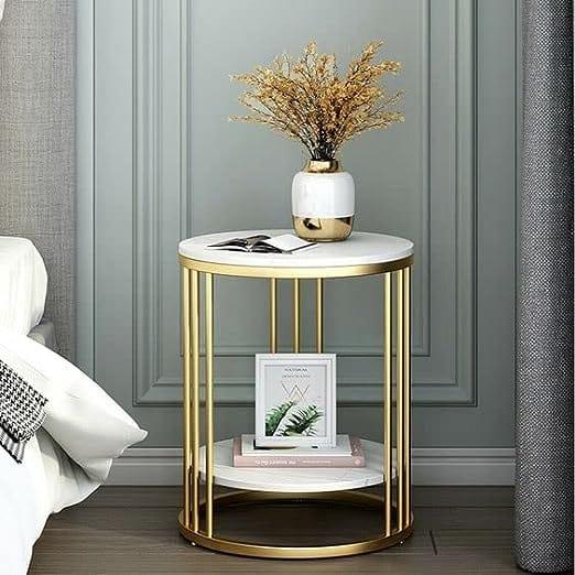 Accent Coffee Table Simple Modern Bedside Cabinet Small Round Table MDF Top Metal Table Living Room Sofa (Golden & White) - Ouch Cart