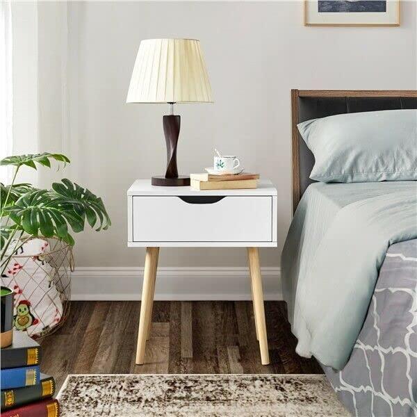 Nightstands End Side Table with Drawer and Solid Wood Legs, Bedside Table for Bedrooms, Mid-Century Modern Drawer Storage Cabinet for Living Room Furniture - Ouch Cart