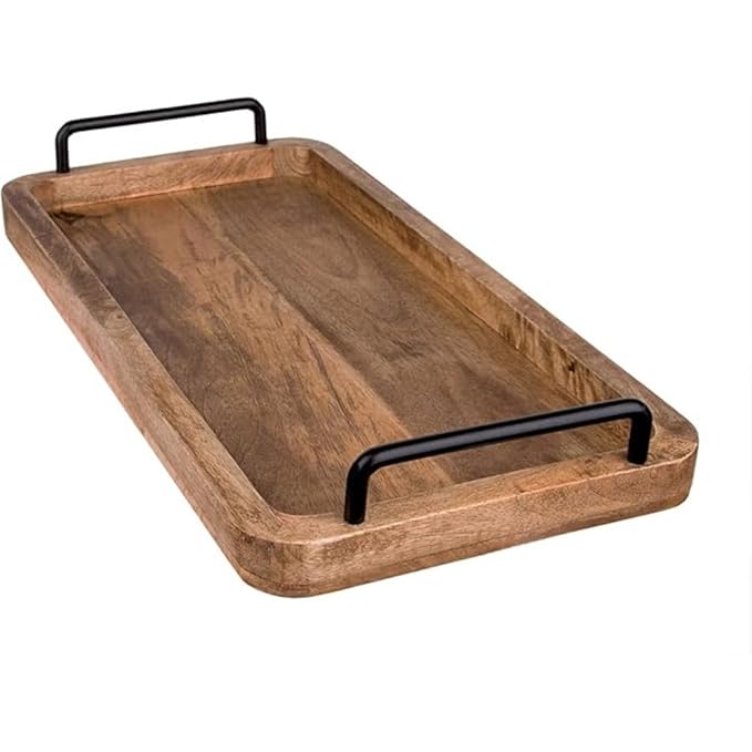 Vintage Mango Wood Serving Tray with Metal Handles – Unique Rectangular Kitchen Tray Ouch Cart