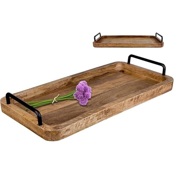 Vintage Mango Wood Serving Tray with Metal Handles – Unique Rectangular Kitchen Tray Ouch Cart