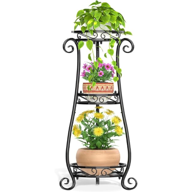 Ouch Cart 3 Tier Black Metal Plant Stand for Multiple Large Planters Indoor Outdoor Organizer, Heavy Duty Tall Flower Stand for Corner Patio Bathroom Office, Modern Sturdy Vertical Iron Rack