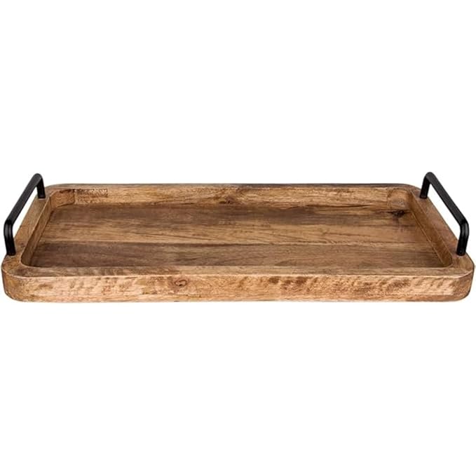 Vintage Mango Wood Serving Tray with Metal Handles – Unique Rectangular Kitchen Tray Ouch Cart