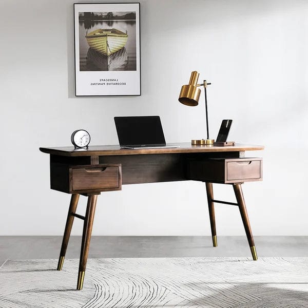 Joel Mid-Century Modern Walnut Office Desk Wooden Writing Desk with 2 Drawers in Gold