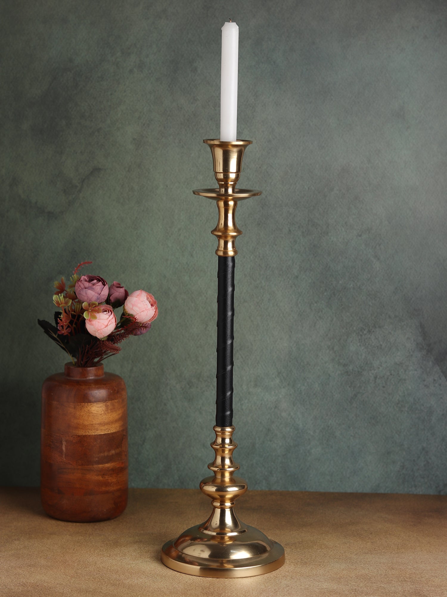 LeatherLuxe Candle holder in Brown Black Medium size M.M.I. OVERSEAS