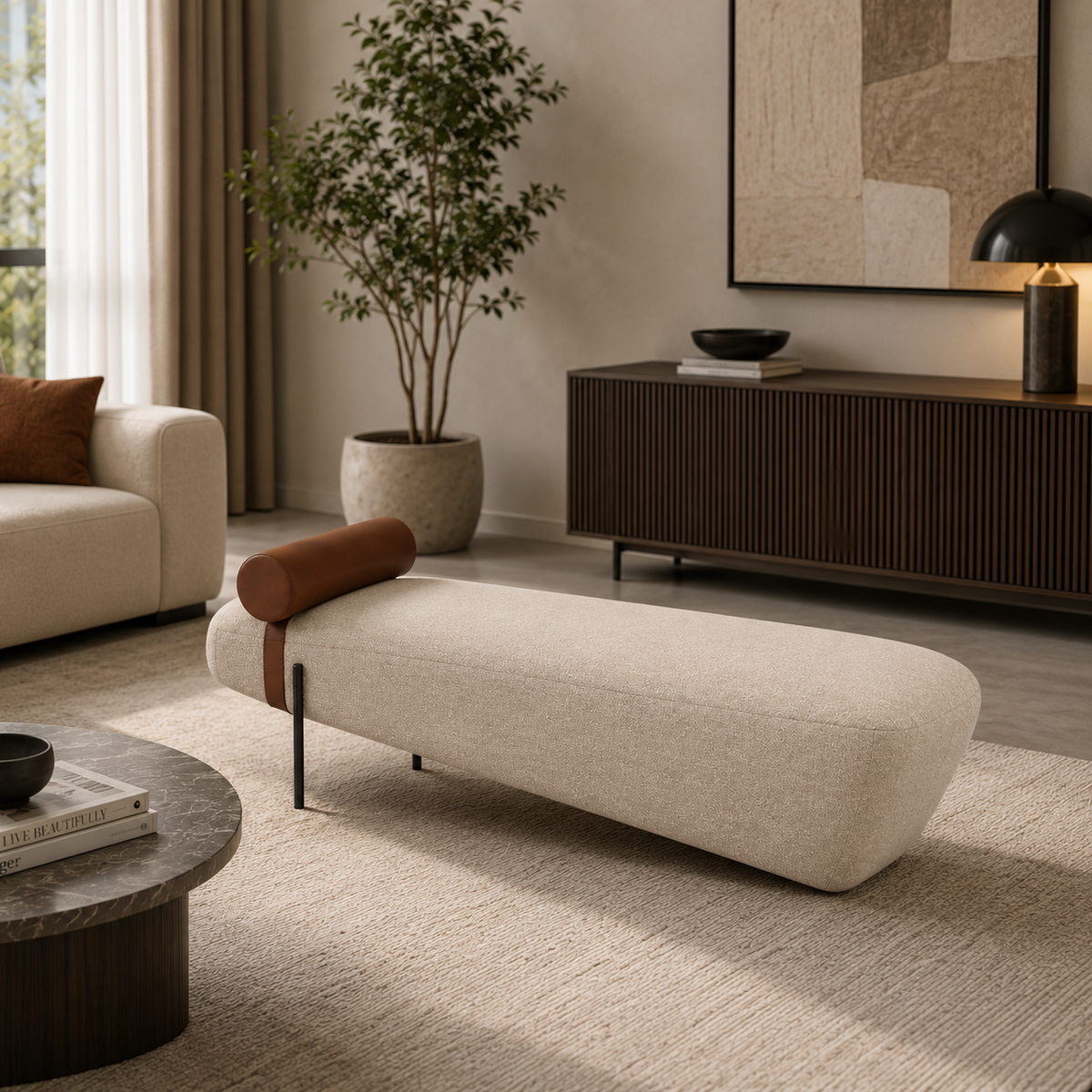Modern Upholstered Bench with Leatherite Bolster Pillow | Luxury Bouclé Fabric Accent Bench OUCH CART